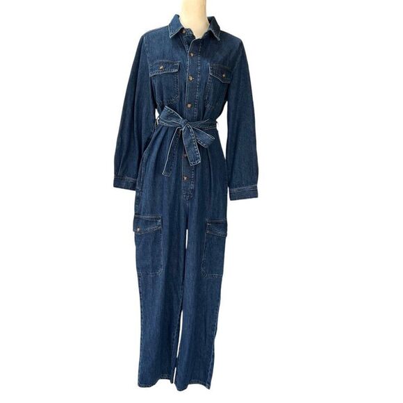 Boyish by Her Troy Denim Belted Cargo Pocket Button Front Jumpsuit Size Medium - Picture 1 of 8